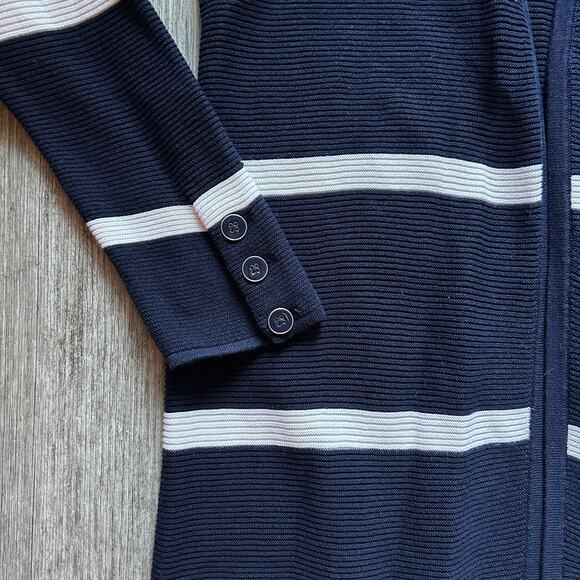 Talbots Navy Blue/White Striped Cotton Blend Long Cardigan Sweater Size Small - Picture 3 of 7